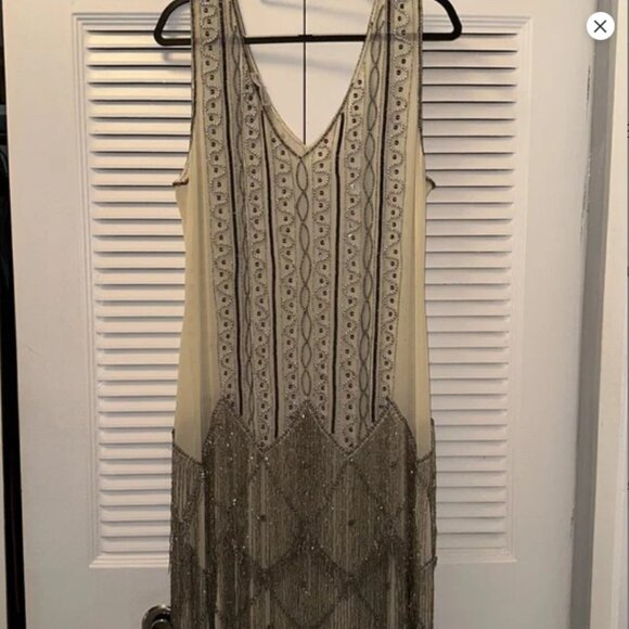 Unique Vintage | Art Deco | Flapper Dress | Champagne | L | EUC | REAL BEADs! - Picture 1 of 11